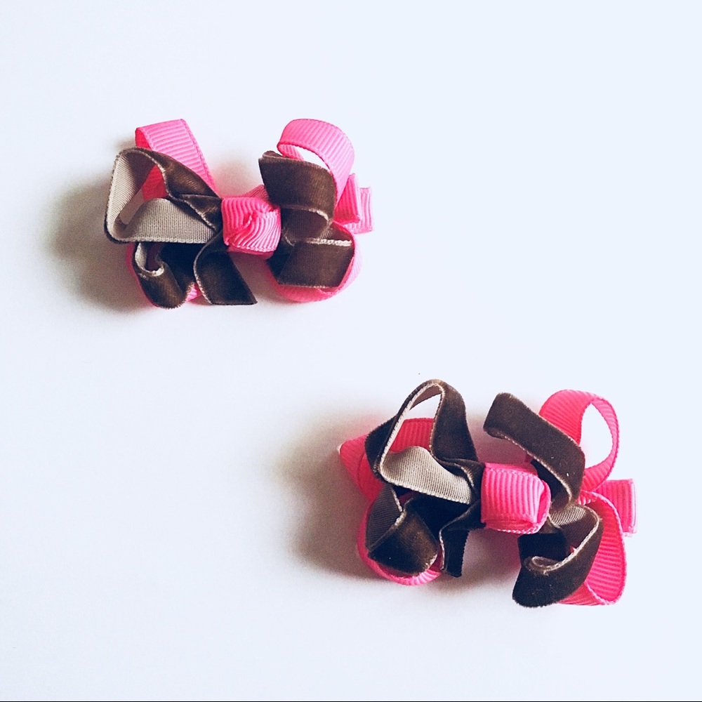 Girl pink and brown hair clips hair bows one pair